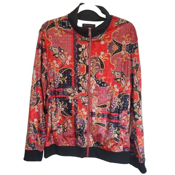INC International Concepts Jacket Women Size Medium Pockets Red Paisley Zipper - Picture 1 of 15